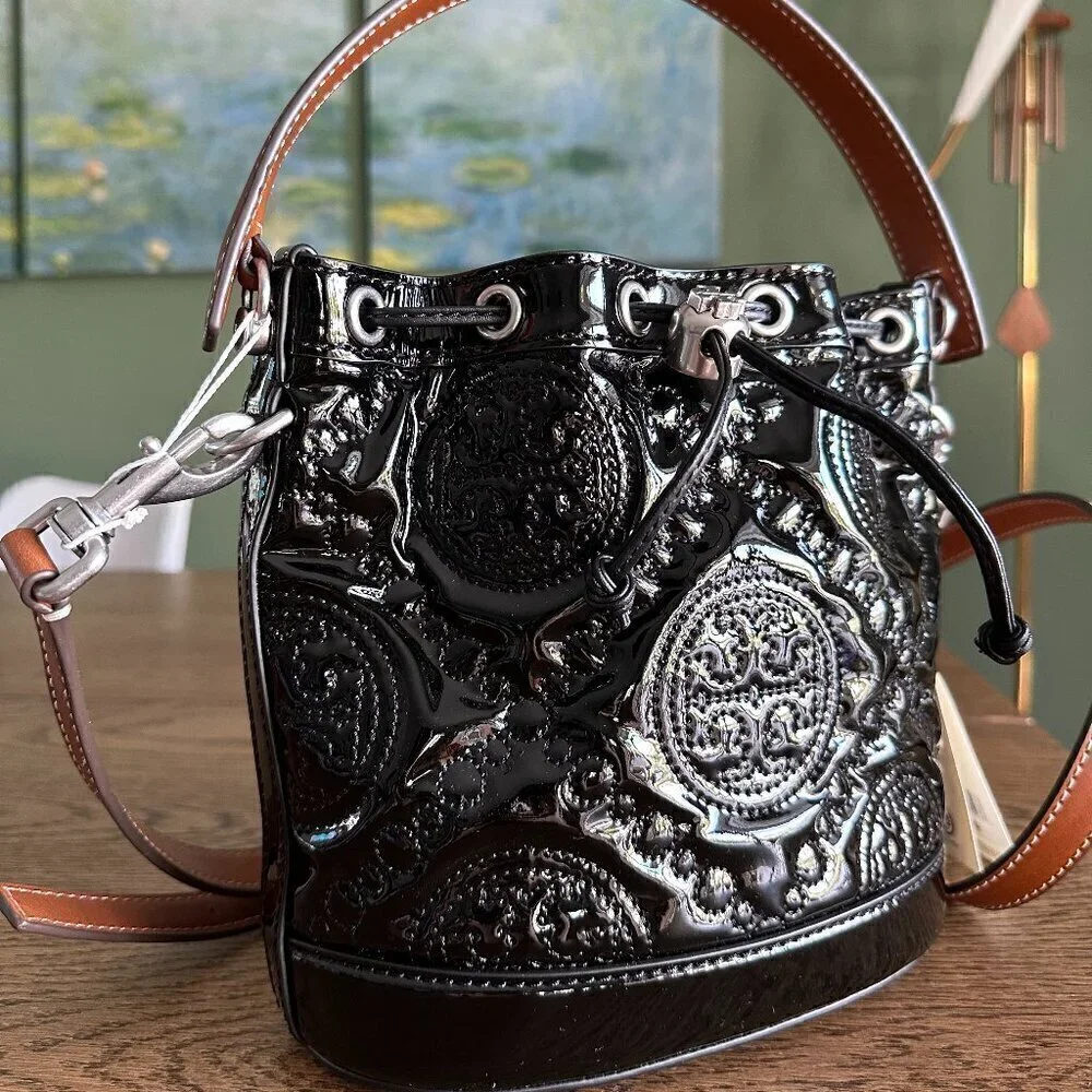 NWT! New! Tory Burch T Monogram Embroidered Patent Bucket Bag -BLACK Large